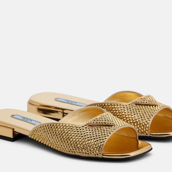 Prada Satin Crystal Embellished Gold Slide Mules Sandals 36, 1XX642 - Picture 9 of 16